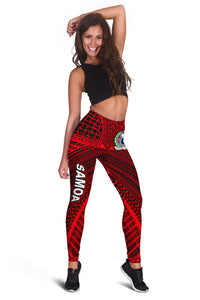Red tribal print leggings with black waistband and Samoa graphic at side