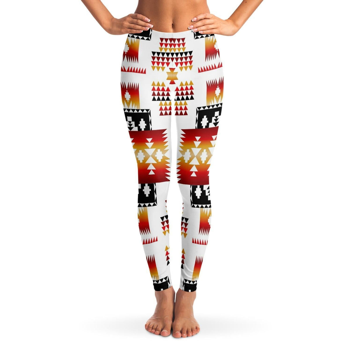 White women’s leggings with full-length geometric print in red, black, and gold