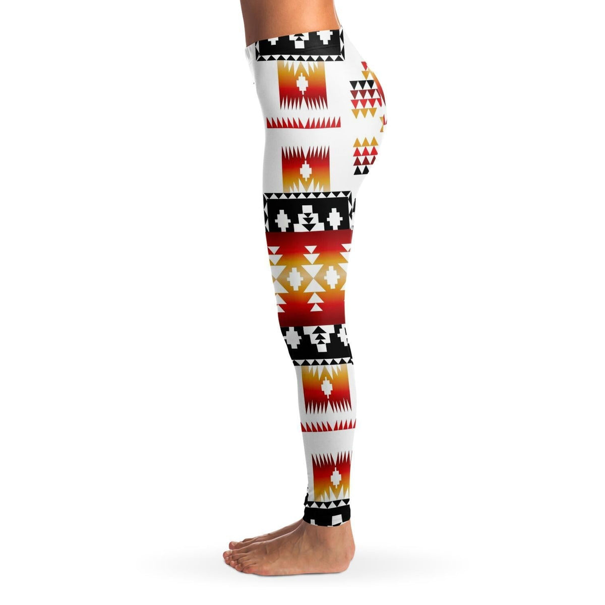 Side view of women’s leggings: white background with red, black, and gold shapes