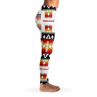 Ankle view: women’s leggings with white base and red/black/gold geometric print