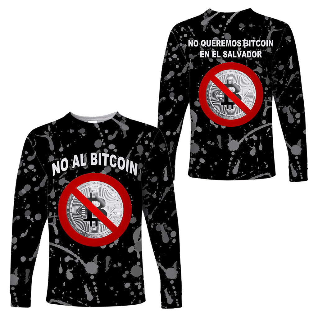 Black unisex long-sleeve shirt with anti-bitcoin graphic, red slash coin and text
