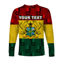 Long-sleeve button shirt with 'YOUR TEXT' and Ghana crest, red yellow green