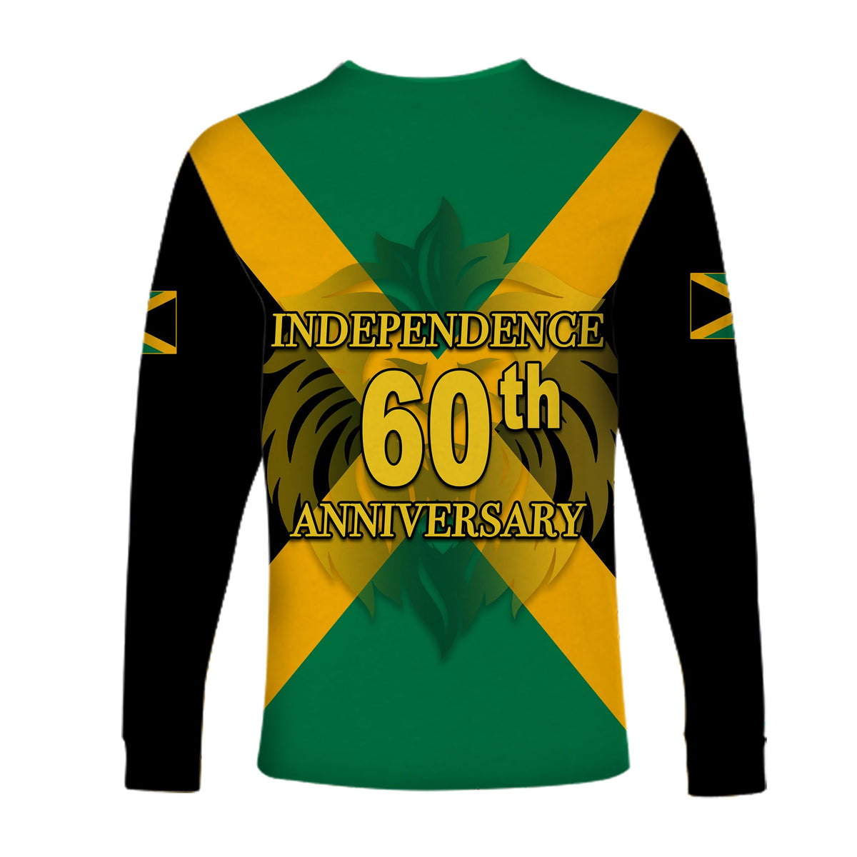 Green long-sleeve shirt with black sleeves; Independence 60th anniversary text and lion graphic