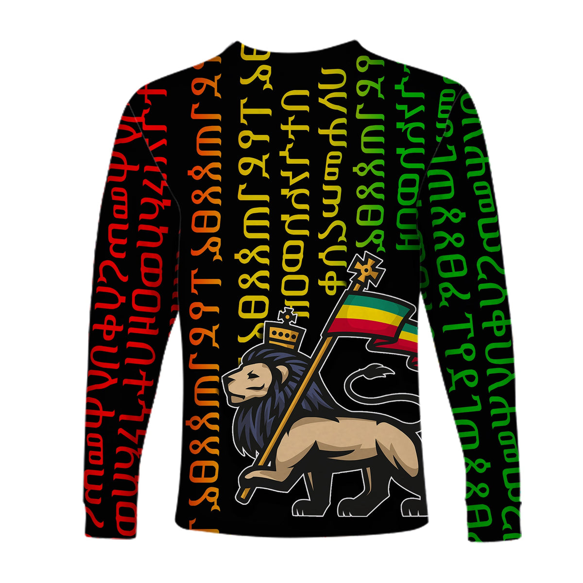 Black unisex long-sleeve shirt with multicolor Ethiopian alphabet print and lion graphic