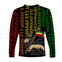 Black unisex long-sleeve shirt with multicolor Ethiopian alphabet print and lion graphic