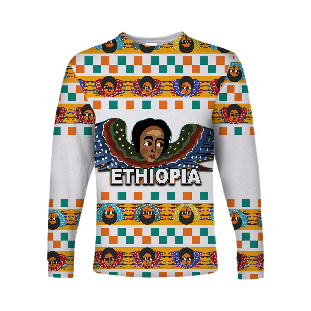 White unisex long-sleeve shirt with ETHIOPIA graphic and angel face design