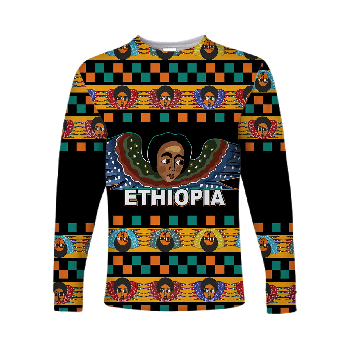 Black unisex long-sleeve shirt with Ethiopian angel faces and 'ETHIOPIA' graphic
