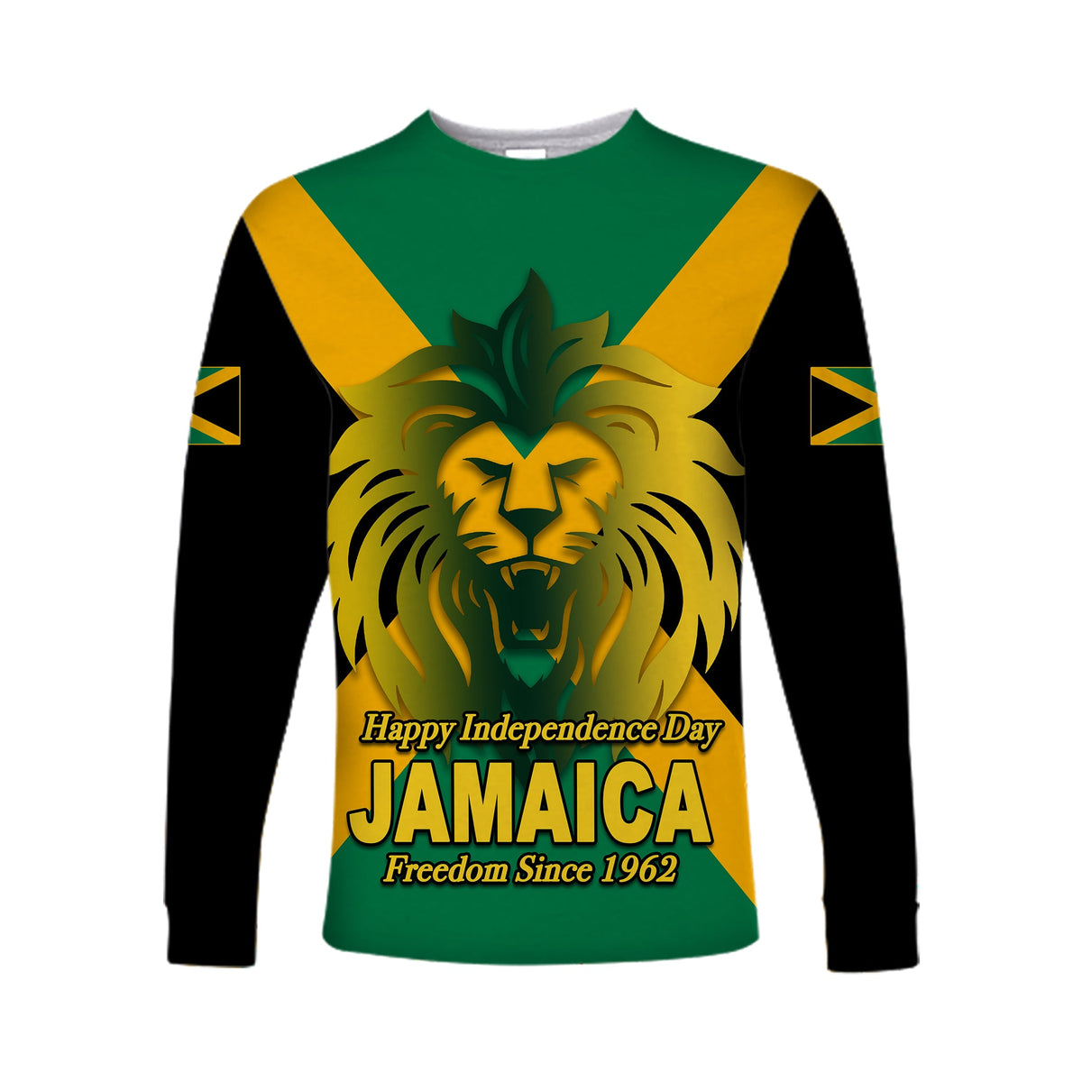 Green long-sleeve shirt, black sleeves; lion crest with Jamaica Independence Day lettering
