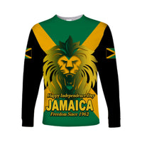 Green long-sleeve shirt, black sleeves; lion crest with Jamaica Independence Day lettering