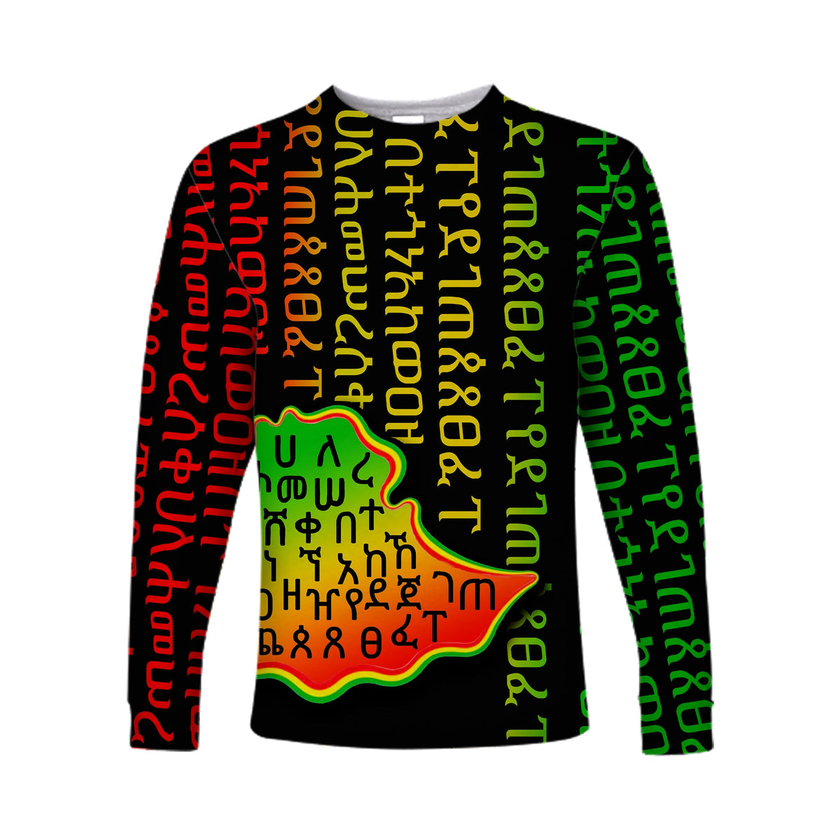 Black unisex long-sleeve shirt with multicolor Ethiopian alphabet print and centered map