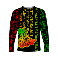 Black unisex long-sleeve shirt with multicolor Ethiopian alphabet print and centered map