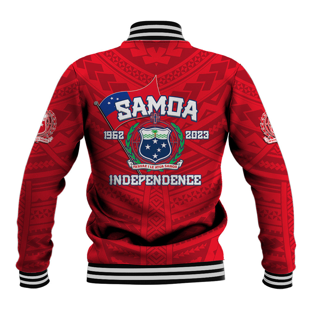 Red baseball jacket with striped black collar, cuffs, and hem; back Samoa Independence graphic