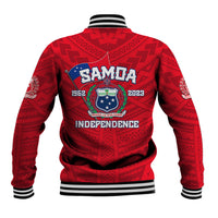 Red baseball jacket with striped black collar, cuffs, and hem; back Samoa Independence graphic