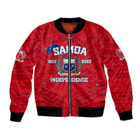 Red bomber jacket, black ribbed collar and cuffs, front zip, Independence graphic