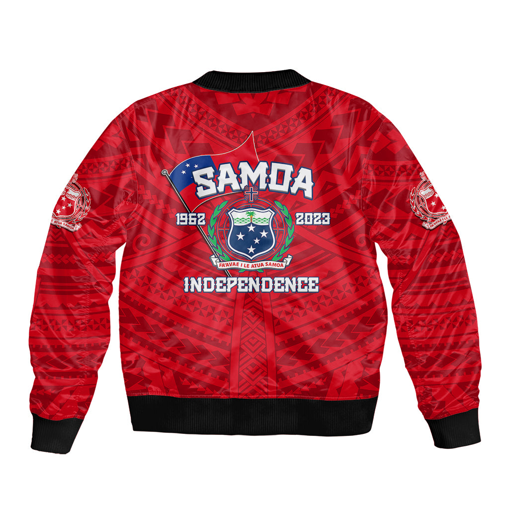 Red bomber jacket with black hem and ribbed cuffs, Independence crest on back