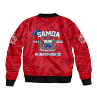 Red bomber jacket with black hem and ribbed cuffs, Independence crest on back
