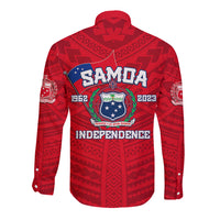 Red long sleeve button shirt with back Samoa crest, Independence text, and patterned fabric