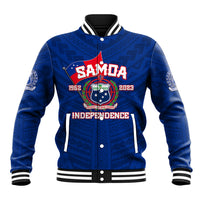 Blue baseball jacket with striped collar, button front, and Samoa Independence front graphic