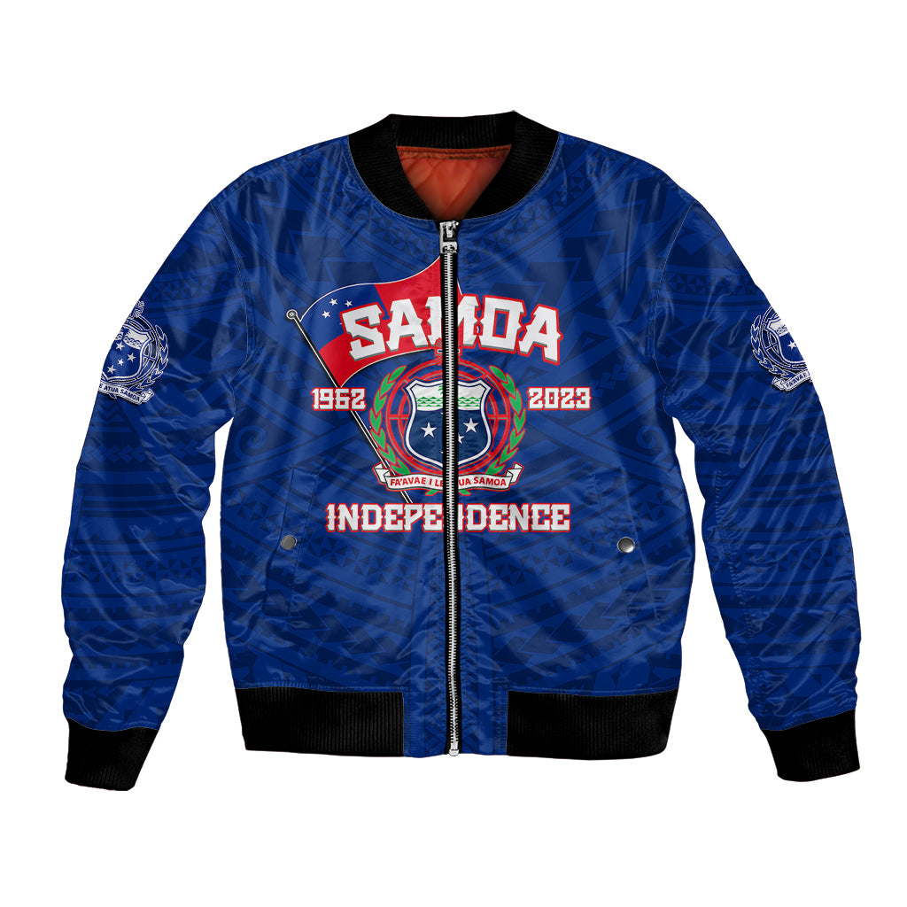 Blue bomber jacket with front zip, black ribbed collar and cuffs, colorful independence emblem