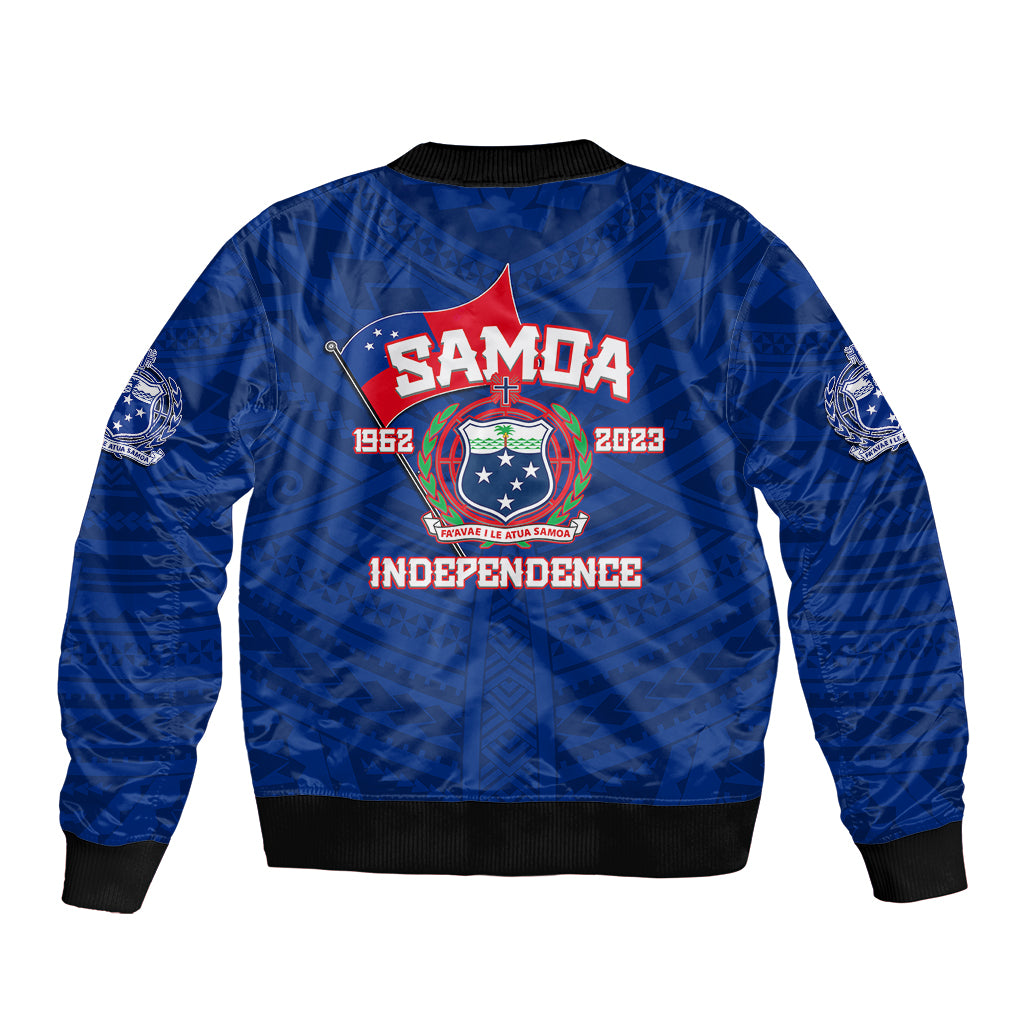 Blue bomber jacket back view with black ribbed hem and cuffs, large colorful independence logo