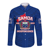 Blue long-sleeve button shirt with Samoa Independence front logo and tribal patterns