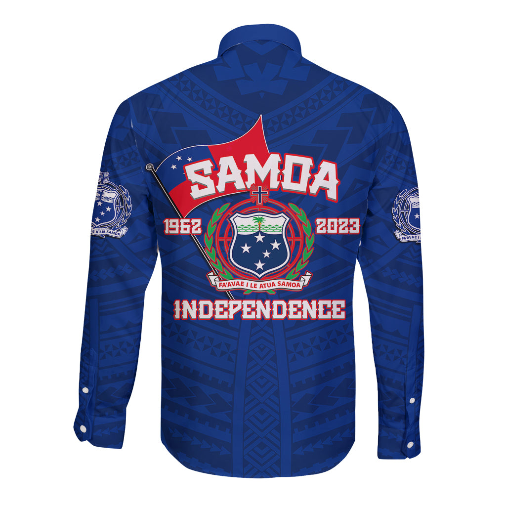 Blue long-sleeve button shirt with back Samoa Independence crest and patterned fabric
