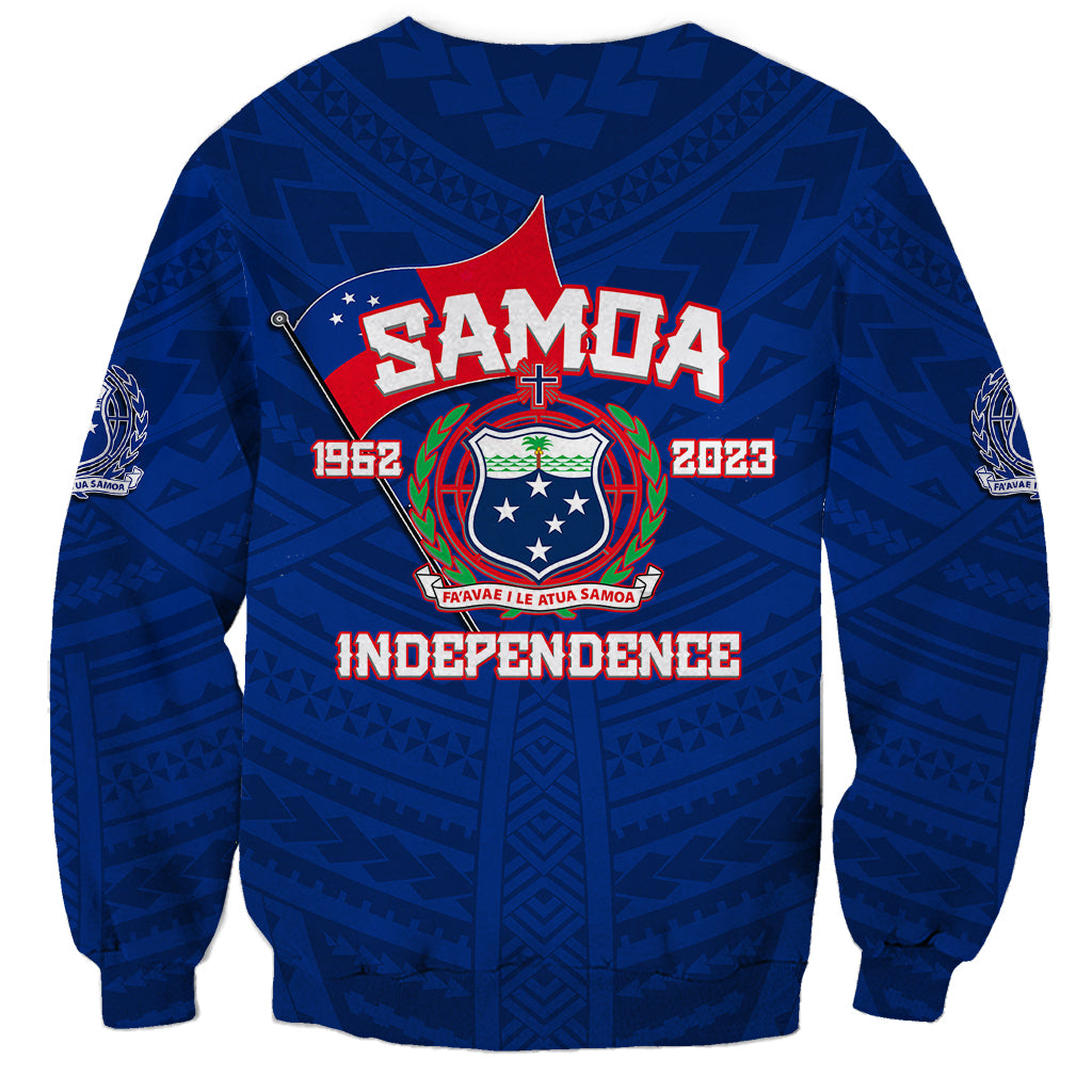 Blue crewneck sweatshirt with central shield wreath logo and red Independence lettering