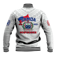 White unisex baseball jacket with black ribbed hem and back Independence logo graphic