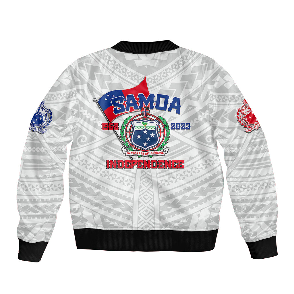 White bomber jacket with black ribbed trim, zip front, Samoa Independence crest
