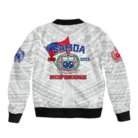 White bomber jacket with black ribbed trim, zip front, Samoa Independence crest