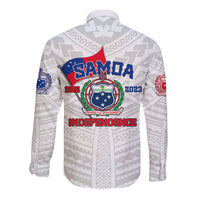 White long sleeve button shirt with Samoa emblem on back and Independence text
