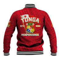 Red baseball jacket back with large crest graphic, striped rib hem and cuffs