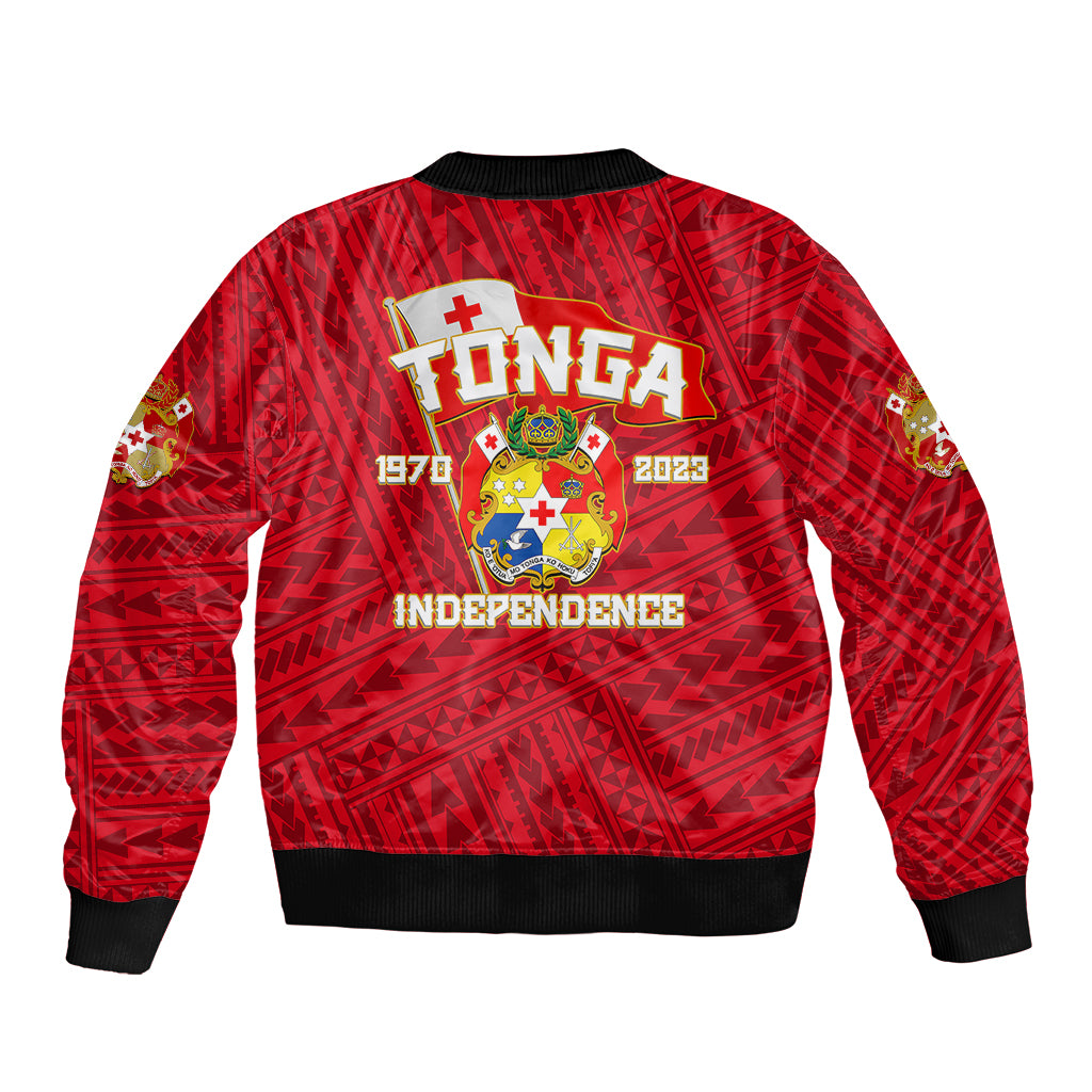 Red bomber jacket with back emblem graphic, black ribbed collar and cuffs