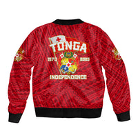 Red bomber jacket with back emblem graphic, black ribbed collar and cuffs