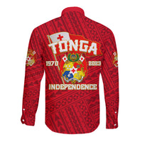 Red long sleeve button shirt back with Tonga Independence logo and crest