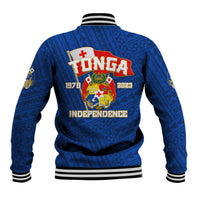 Blue baseball jacket with back independence crest, striped ribbed hem and cuffs