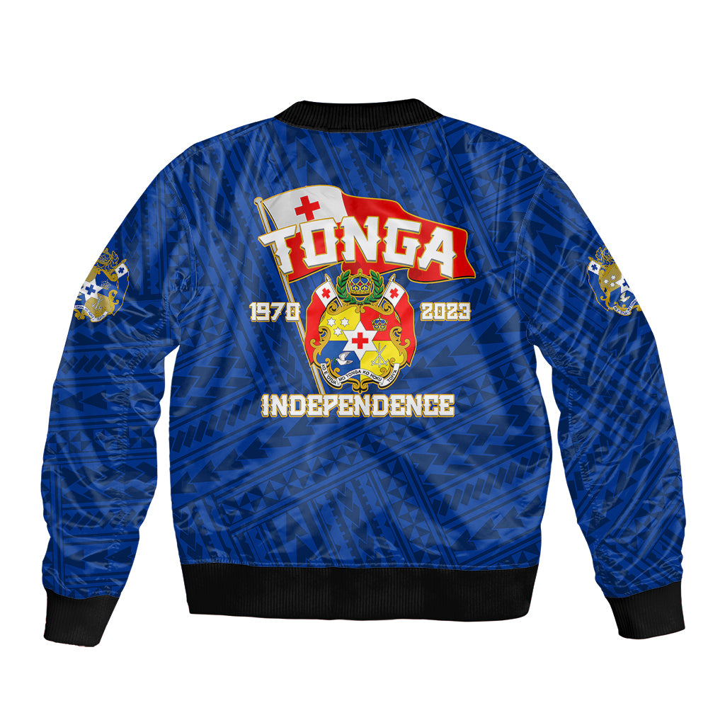 Blue bomber jacket with back crest graphic and 'Independence 1970–2023', ribbed hem