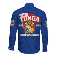 Blue long-sleeve button shirt with Tonga Independence crest graphic on back