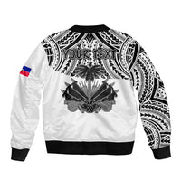 White bomber jacket back view with black trim, large centered graphic and small text-ready area