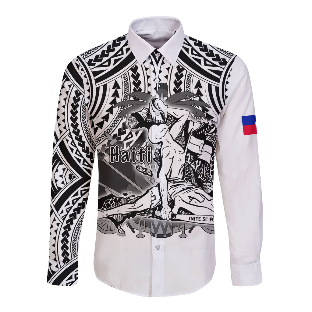 (Custom Personalised) Haiti Long Sleeve Button Shirt Polynesian Neg Maron White Style LT6 - Wonder Print Shop