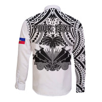 White long-sleeve button shirt with black back graphic pattern and small sleeve flag