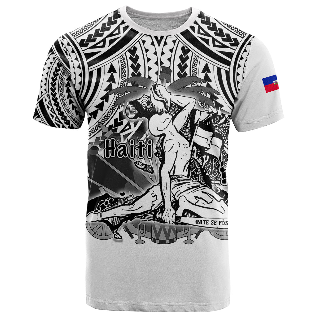 White crew-neck t-shirt with black Aztec-style graphic, Haiti text, flag patch