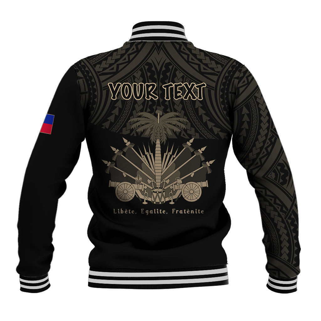Black varsity baseball jacket, ribbed striped hem; back "YOUR TEXT" and "Liberté, Égalité"