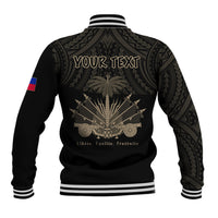 Black varsity baseball jacket, ribbed striped hem; back "YOUR TEXT" and "Liberté, Égalité"