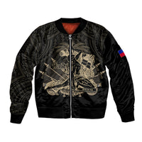 Black bomber jacket with front zipper and 'Haiti' Polynesian graphic