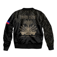 Black bomber jacket with back graphic, flag patch, and 'YOUR TEXT' design