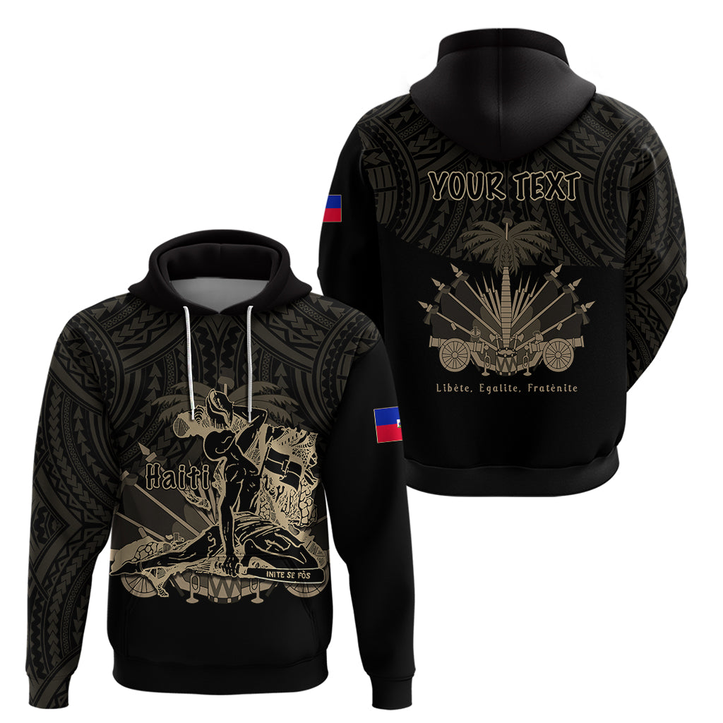 Black pullover hoodie shown front and back, with gold Haitian design and 'YOUR TEXT'