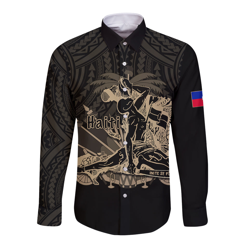 (Custom Personalised) Haiti Long Sleeve Button Shirt Polynesian Neg Maron Black Style LT6 - Wonder Print Shop