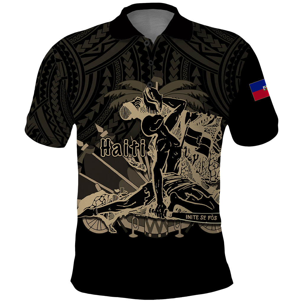 Black polo shirt with front Haiti graphic and patterned yoke