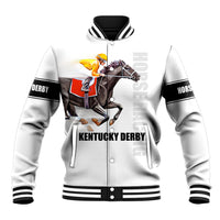 White baseball jacket with black striped collar and cuffs, front button, horse jockey graphic
